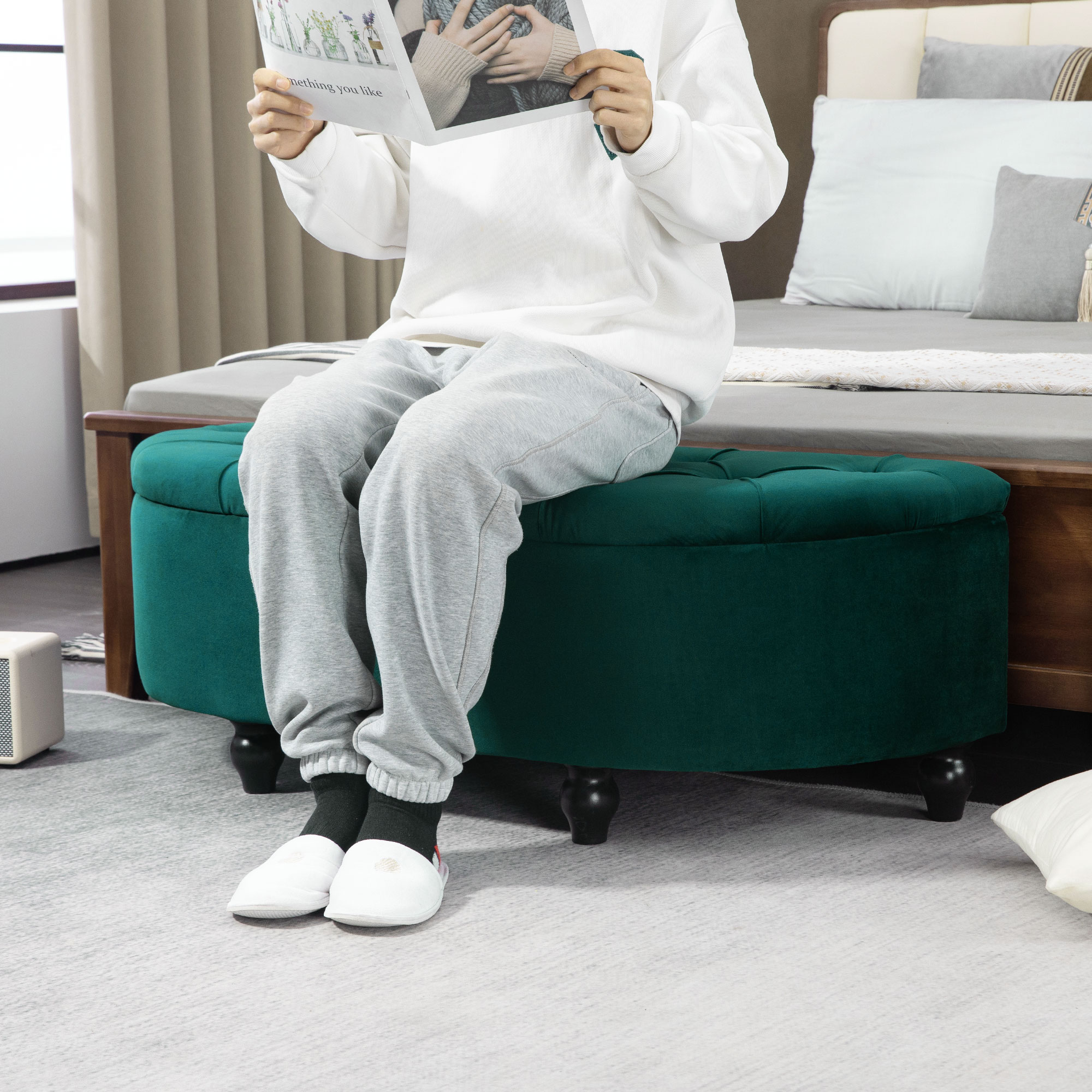 HOMCOM Kruk met Opbergruimte, 2-in-1 Poef, Gepolsterd, Fluwelen Bekleding, Hydraulische Dempers, 120 x 46 x 42 cm, Donkergroen