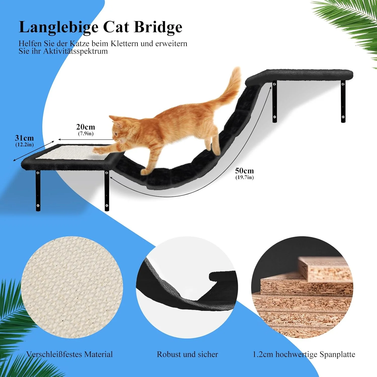 Zvonema Parete da arrampicata 10 pezzi-Amaca per gatti,Ponte sospeso con sisal antiscivolo,Tiragraffi con sisal,Riposo e mensola da parete da gioco con pallina,Parete da arrampicata per gatti fino a 10 kg