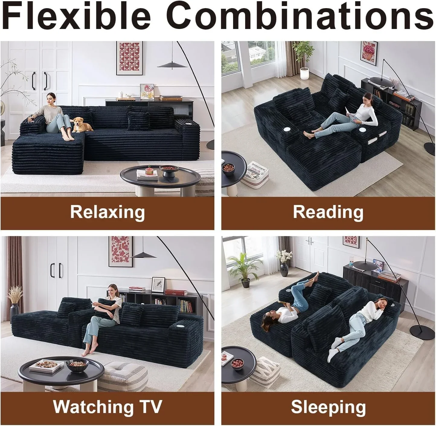 Cloud section sofa with L-shaped recliner modern modular sofa built-in cup holder
