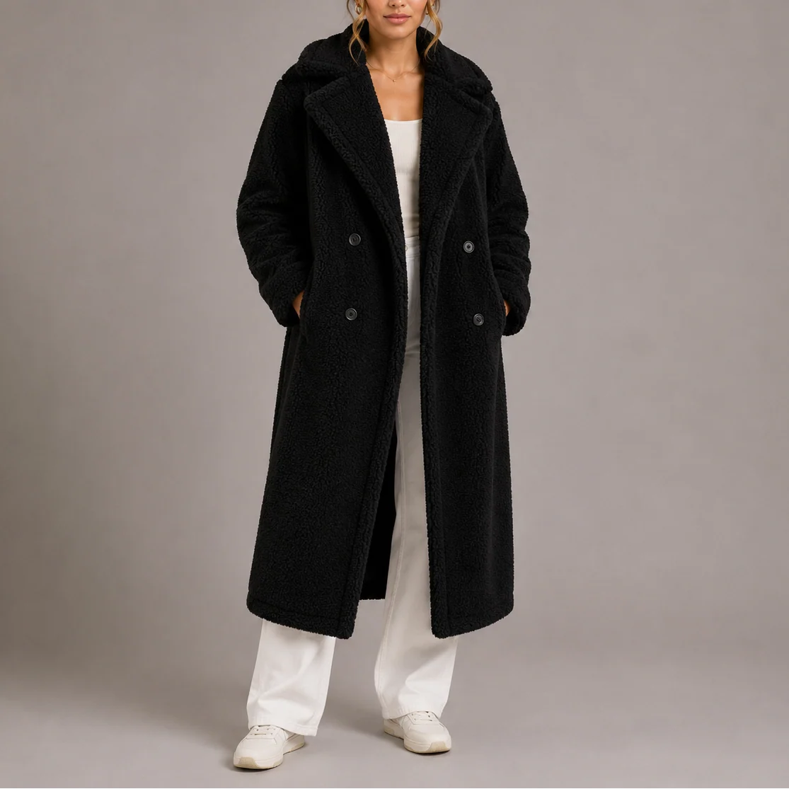 Women��s Long Teddy Coat Double-Breasted Faux Fur Style