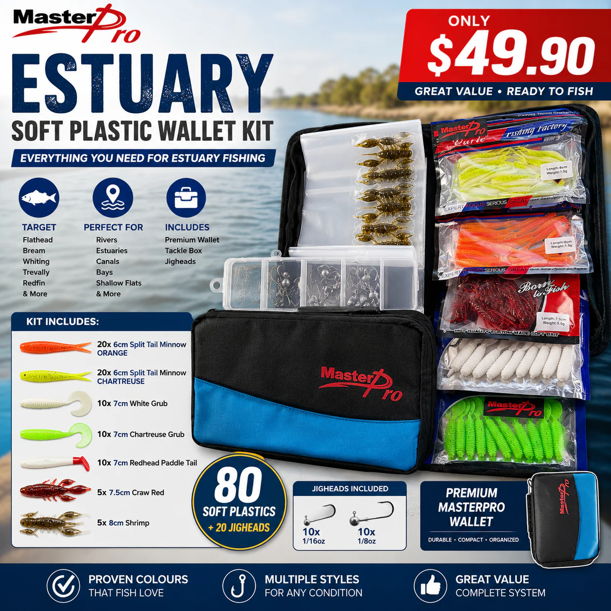 MASTERPRO Estuary Soft Plastic Wallet Kit  Everything You Need for Estuary Fishing