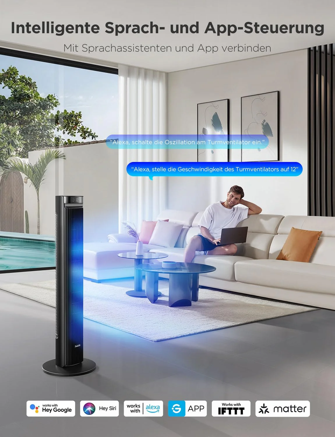 GoveeLife halk ventilátor, 12 sebesség 8 m/s-ig, 5 üzemmód, 24 órás időzítő, intelligens toronyventilátor 150°-os oszcillációval, APP- és hangvezérlés otthonra, fekete
