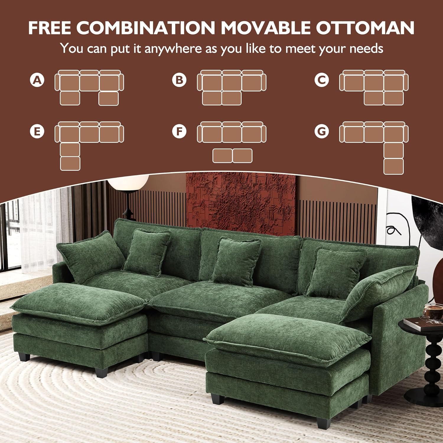 111.4 Inch L-Shaped Modern Sofa Modular Cloud Sofa Ottoman 4-Seater Chenille Deep Seat Sofa