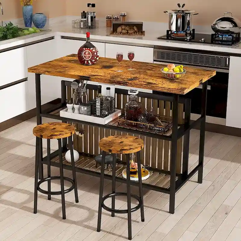 Kitchen Island with 2 Stools and Open Shelves