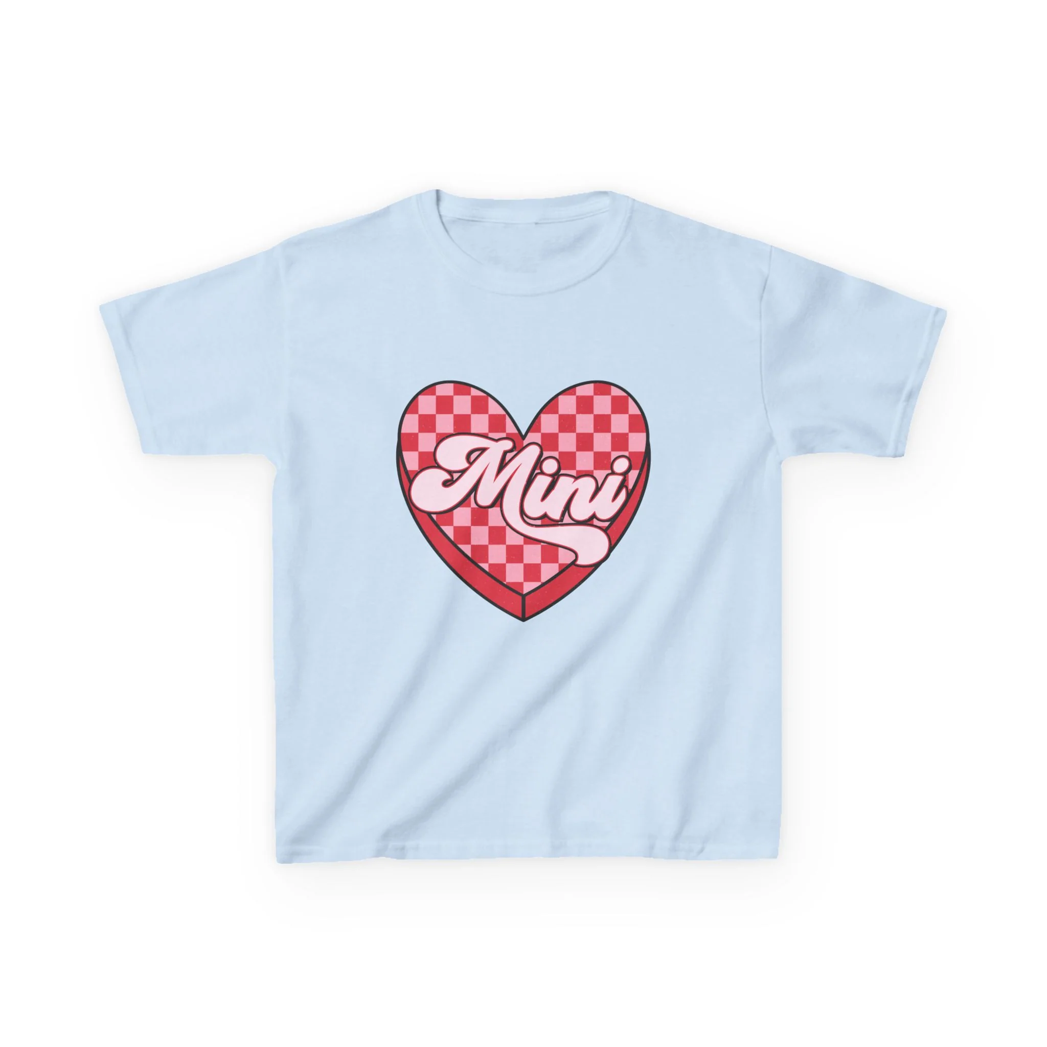 Mini Heart Checkerboard Kids Tee | Pink Retro Script
