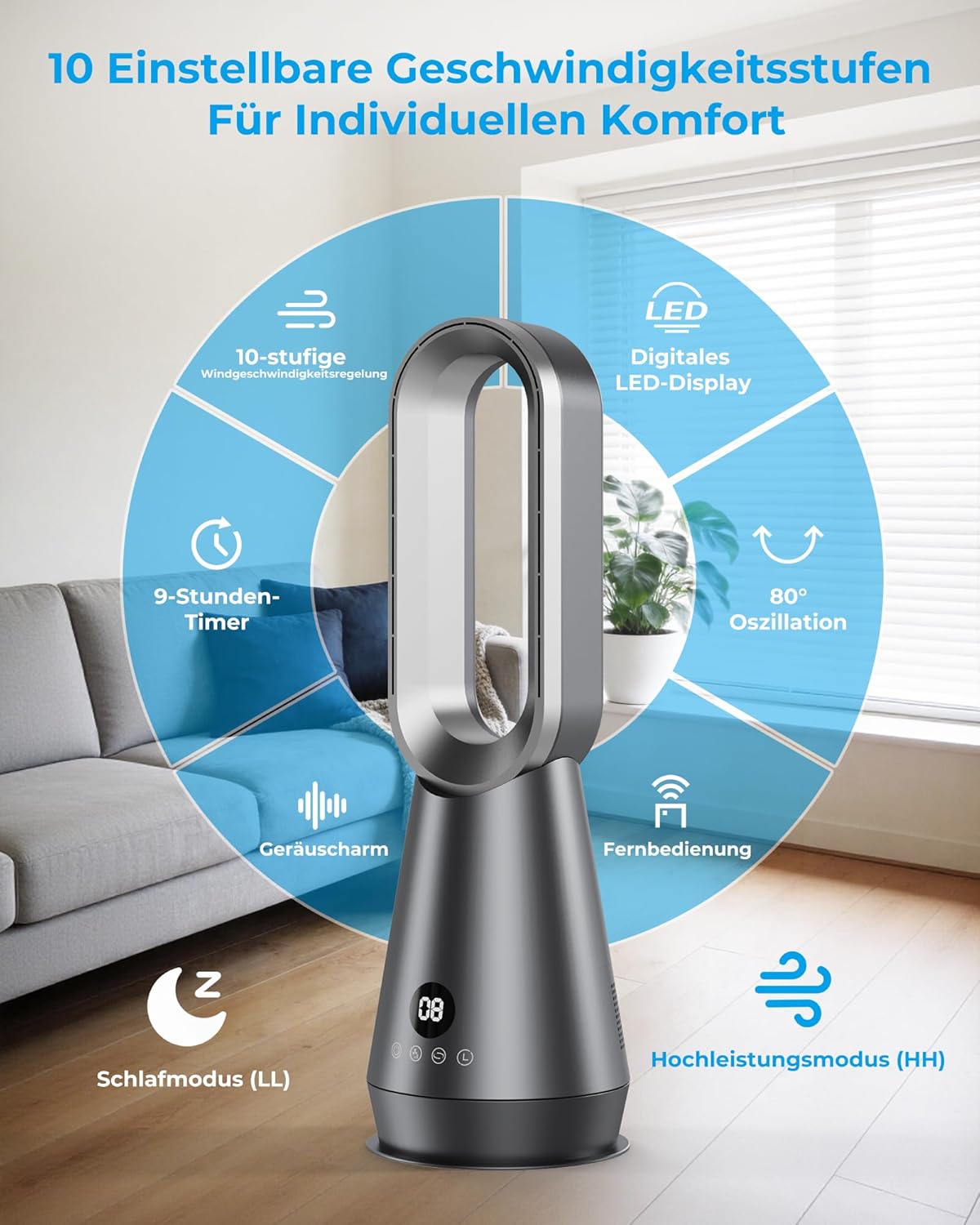 Turmventilator Leise - 60cm Bladeless Turmventilator, 8 Stufen, 2 Modi, 80° Oszillation, LED Display, 1-9H Timer, Ventilator mit Kühlung Fernbedienung für Schlafzimmer, Büro, Wohnzimmer