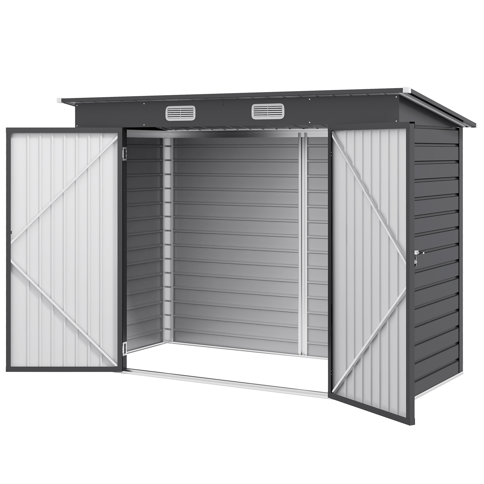 Outsunny Stalen tuinschuurtje, Gerteschuppen, Dubbele Deuren, 249B x 121D x 166/183H cm, Grijs