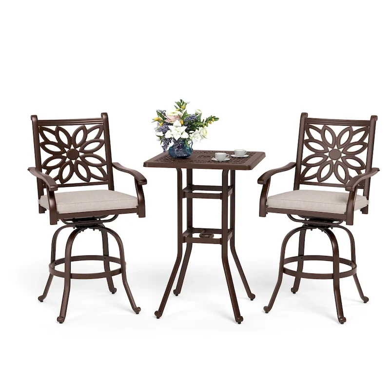 MAISON ARTS 3-Piece Cast Aluminum Patio Bar Stool Set of 1 Bar Table & 2 Swivel High Bar Stools