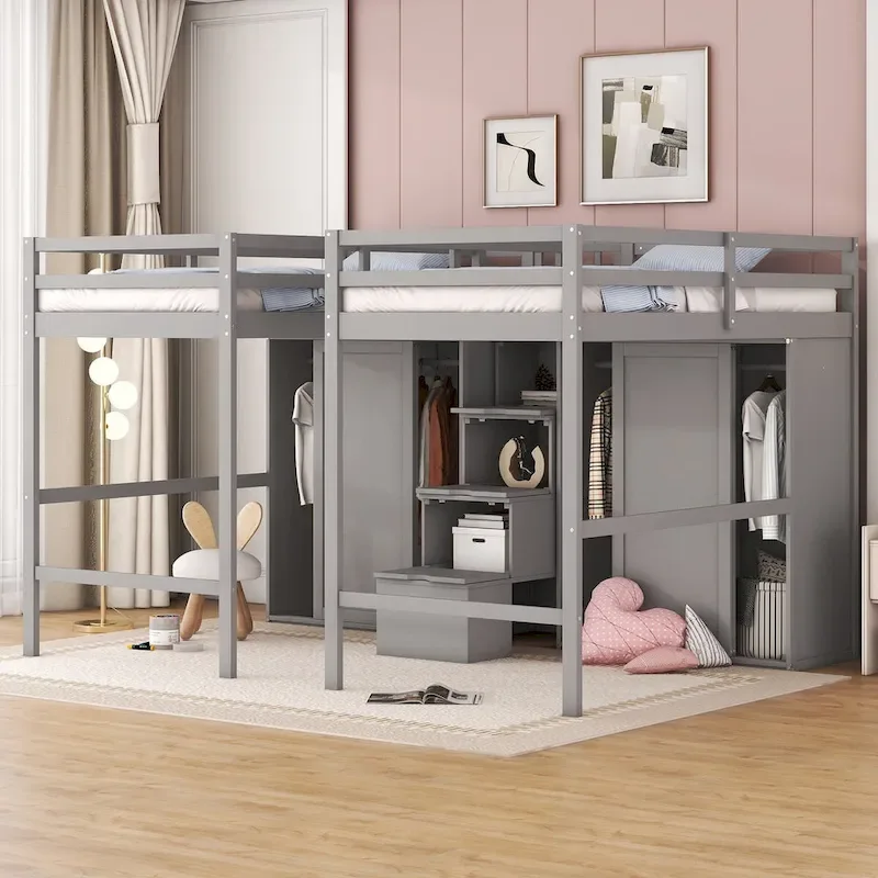 Double Twin Loft Beds with Wardrobes and Staircase