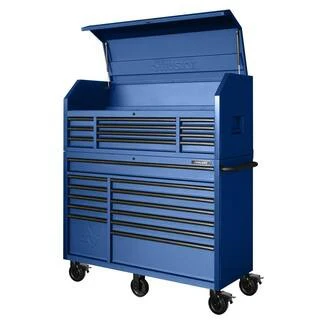 2025 56 inch W x 22 inch D Heavy-duty combination tool trolley with 23 drawers and tool cabinet in matte blue