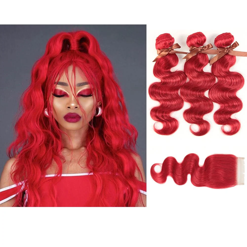 Red Brazilian Body Wave Bundles With 4X4 Closure Remy Hair Weave Bunldes Hair Extensions