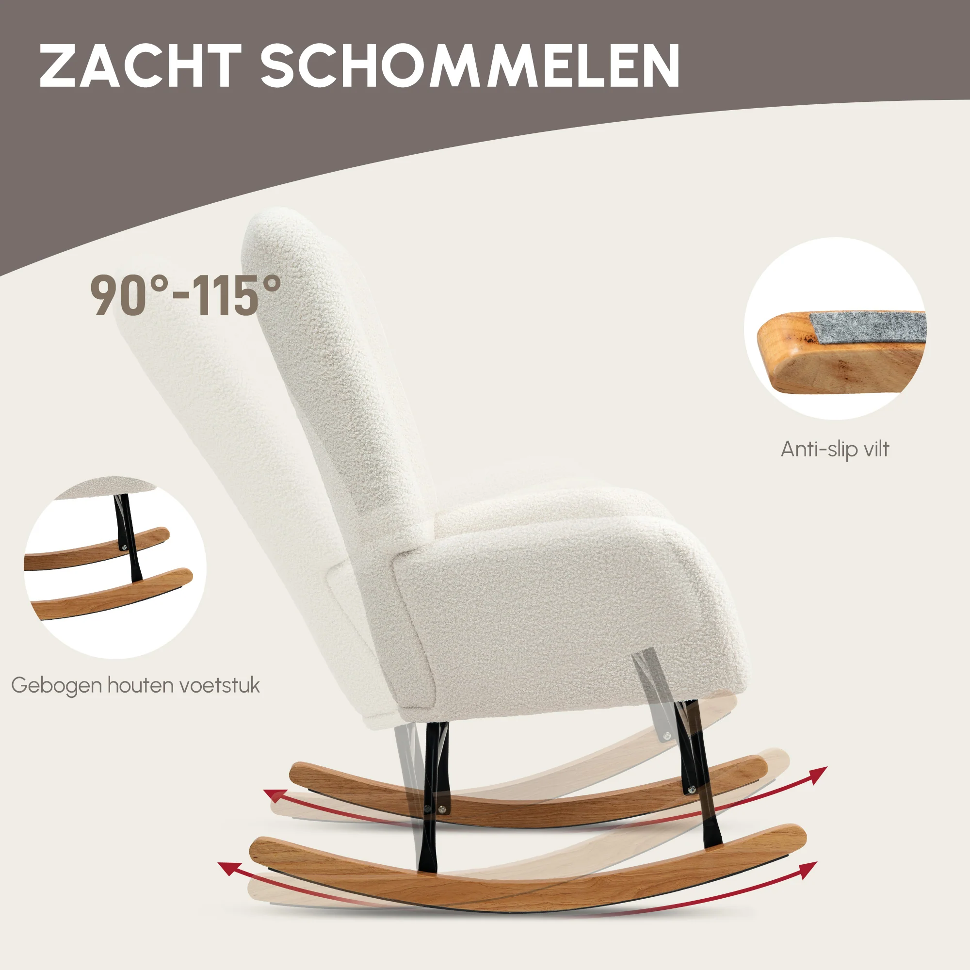 HOMCOM Schommelstoel, Knusse Bekleding, Dikke Polstering, Antislip, Crèmewit