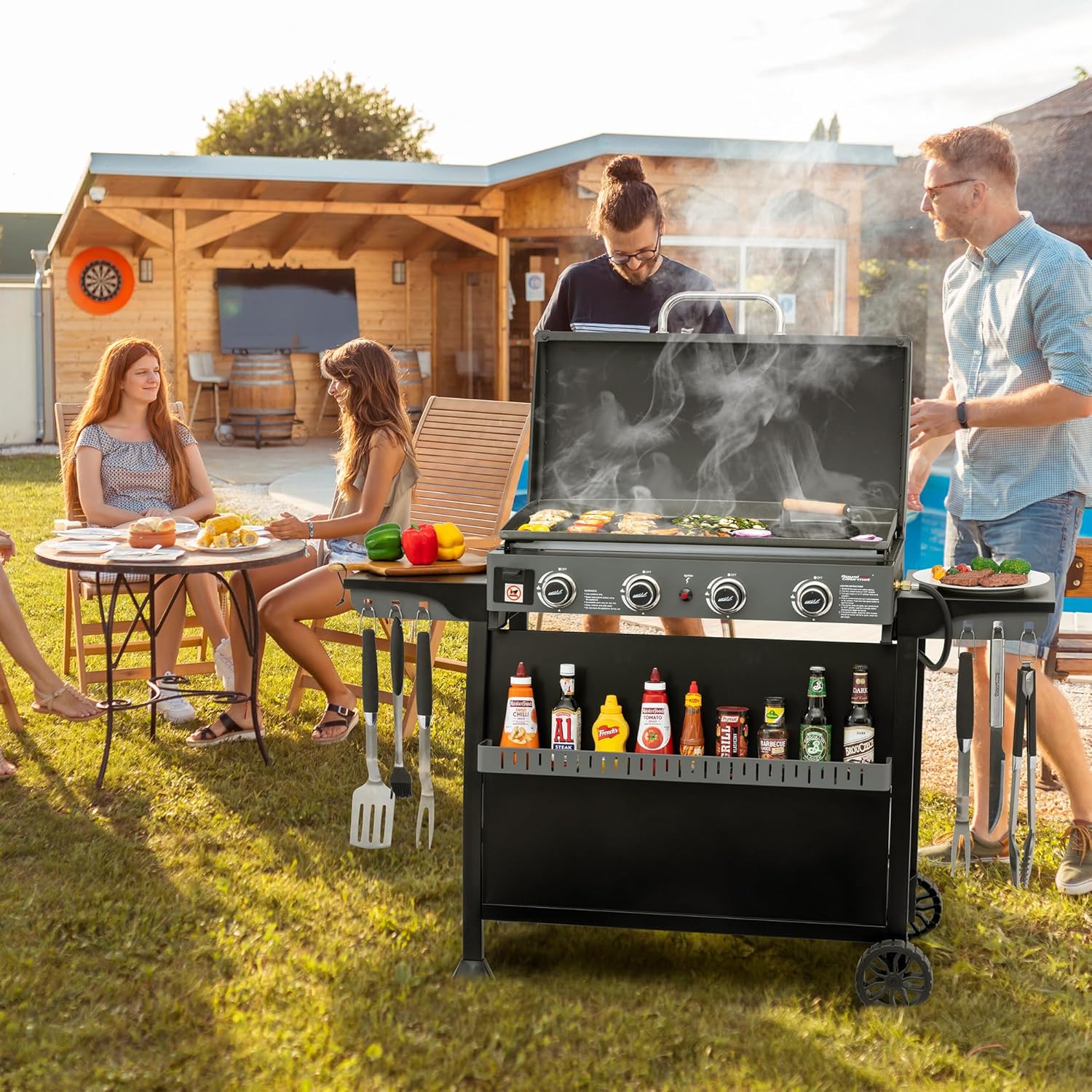 Royal Gourmet PD4001 4 égős propángázas lapos sütő kivehető állvánnyal, asztali kialakításra átalakítható, lapos grill tetővel kempingezéshez, tailgate partykhoz, háztáji használatra, fekete