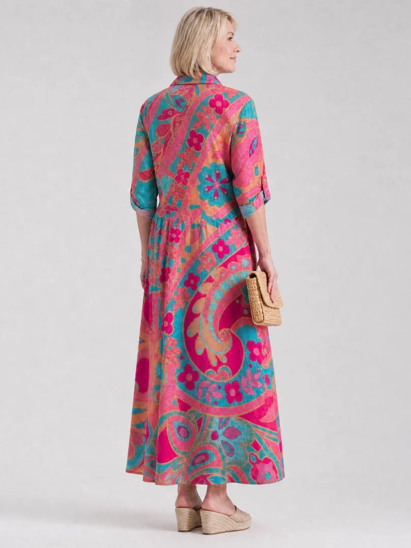 Women��s Printed Midi Dress Button Front Collared Style