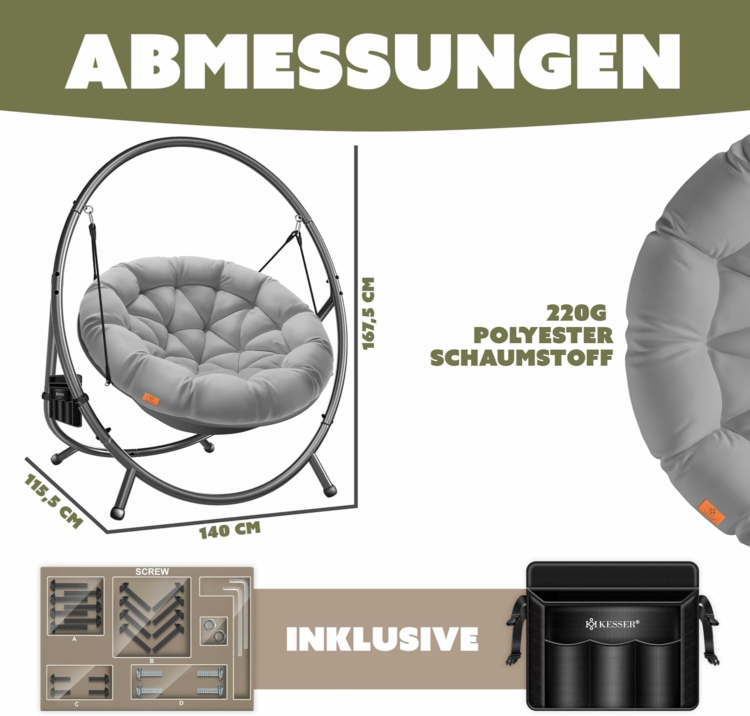 KESSER® Hängesessel mit Gestell Bali Hängeschaukel Hängestuhl bis 150kg für Indoor und Outdoor + Kissen & Seitentasche Hängekorb Stahlgestell & Schaumstoff Sitzpolster