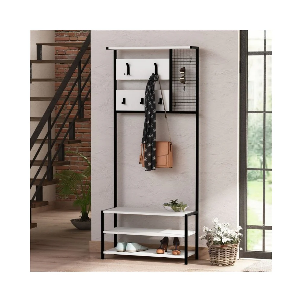 Scaffale ingresso appendiabiti in metallo nero con particolari bianco Nomad