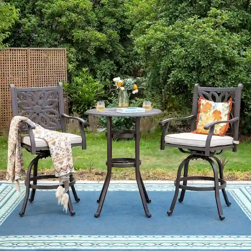 MAISON ARTS 3-Piece Cast Aluminum Patio Bar Stool Set of 1 Bar Table & 2 Swivel High Bar Stools