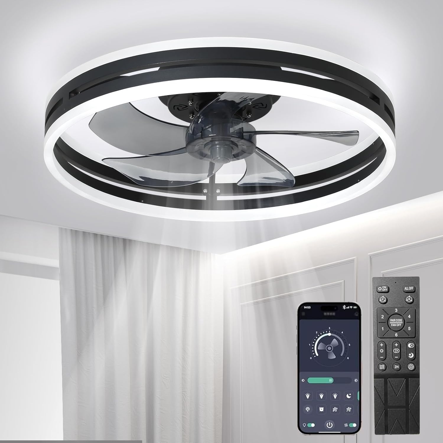 Leise Deckenventilator Mit Beleuchtung 50W Dimmbare Deckenleuchte Mit Fernbedienung Und APP 6 Geschwindigkeiten Lampe Mit Ventilator Timer Schlafzimmer Wohnzimmer Licht Schwarz,40cm