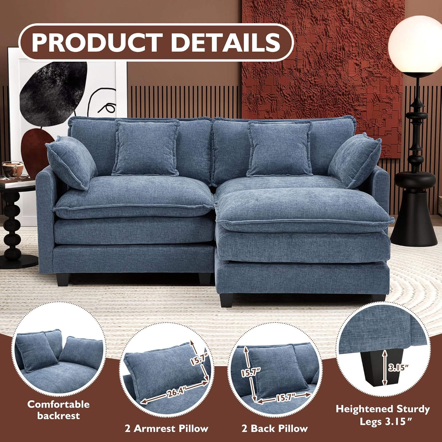 111.4 Inch L-Shaped Modern Sofa Modular Cloud Sofa Ottoman 4-Seater Chenille Deep Seat Sofa