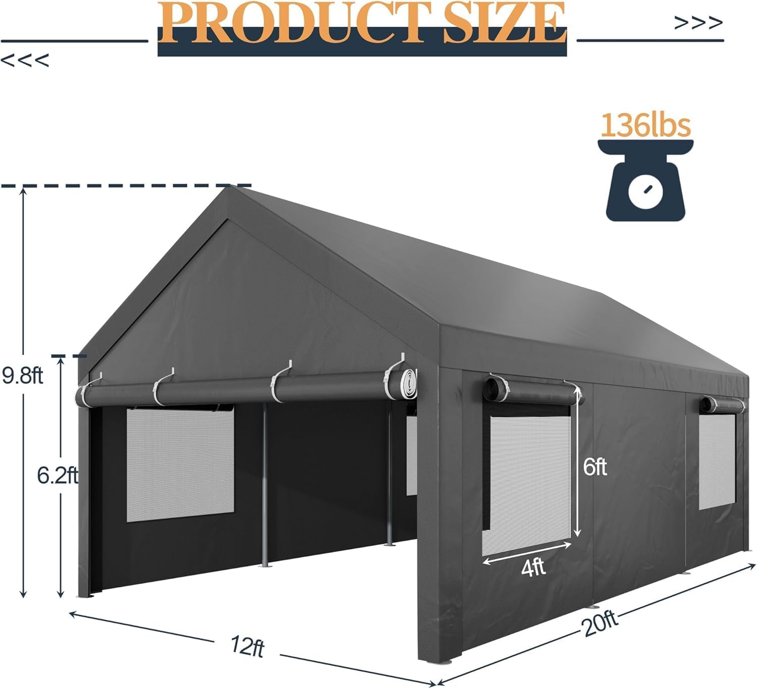Shintenchi 12x20 FT Heavy-Duty Design Carport Portable Garage Canopy Carport Canopy with Side-Opening Removable Door & Roll-Up Window Portable Car Port for Car  Truck  Boat Grey