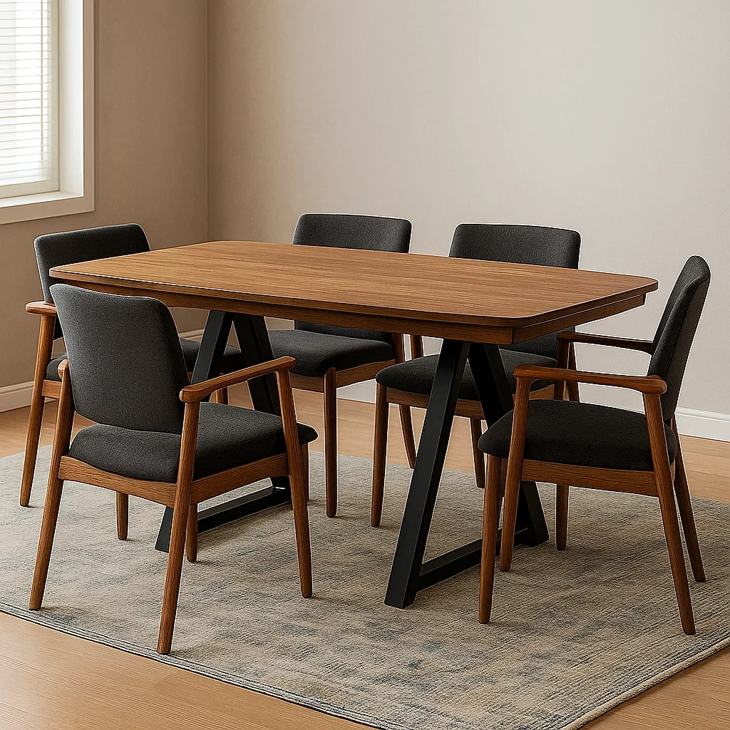 Spisest, 5 sder, tr og stof, brun og sort, rektangulr, fast, 160x85x75 cm bord, 50x55x80 cm stol, indendrs - sJaTG5vphvih