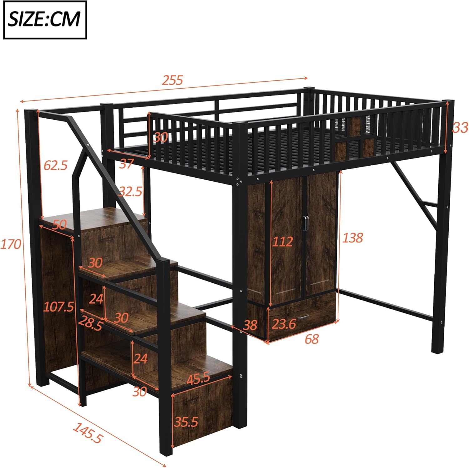 Merax Hochbett aus Metall, 140 x 200 cm, mit Drahtgitter, integriertem Schrank, Schubladen und Aufbewahrungsleiter, platzsparendes Kinderbett, modern und robust, schwarz (ohne Matratze)