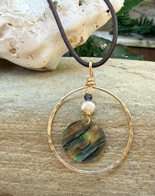 Hammered Gold Pendant w/ abalone on dark brown leather