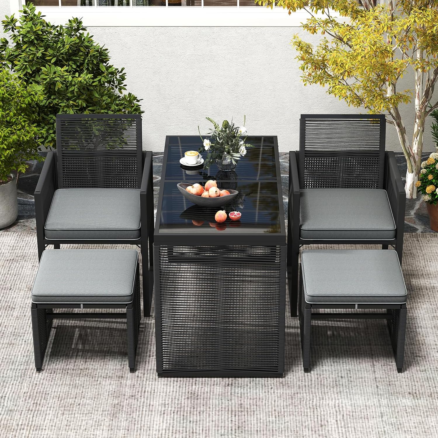 COSTWAY 5tlg. Rattan Gartenmöbel Set, Balkonmöbel, Balkonset inkl. 2 Stühle mit Kissen, Hocker & Tisch, Terrassenmöbel, platzsparendes Gartenset mit klappbarer Rückenlehne, Sitzgruppe für Garten