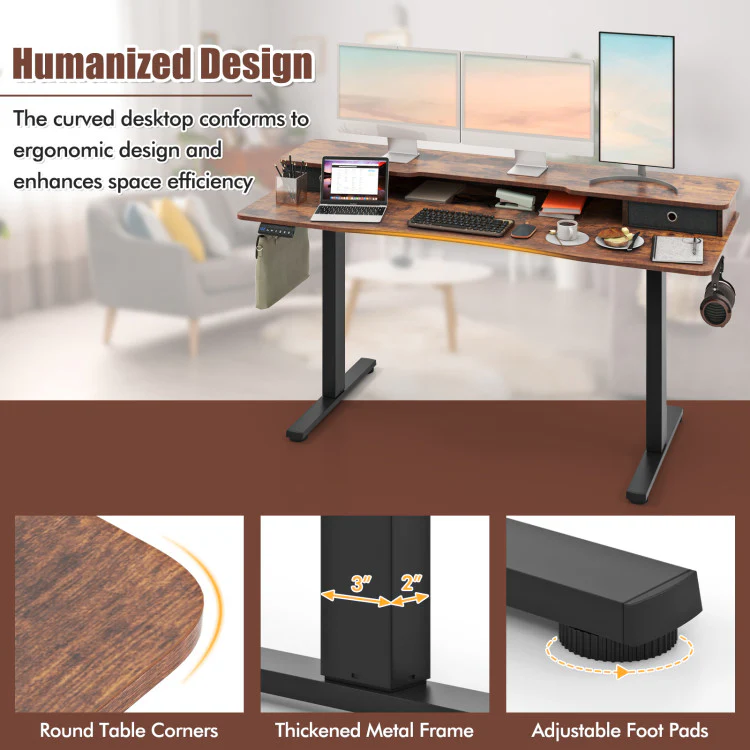 Electric Standing Desk with 2 Drawers, 3 Memory Positions, 63