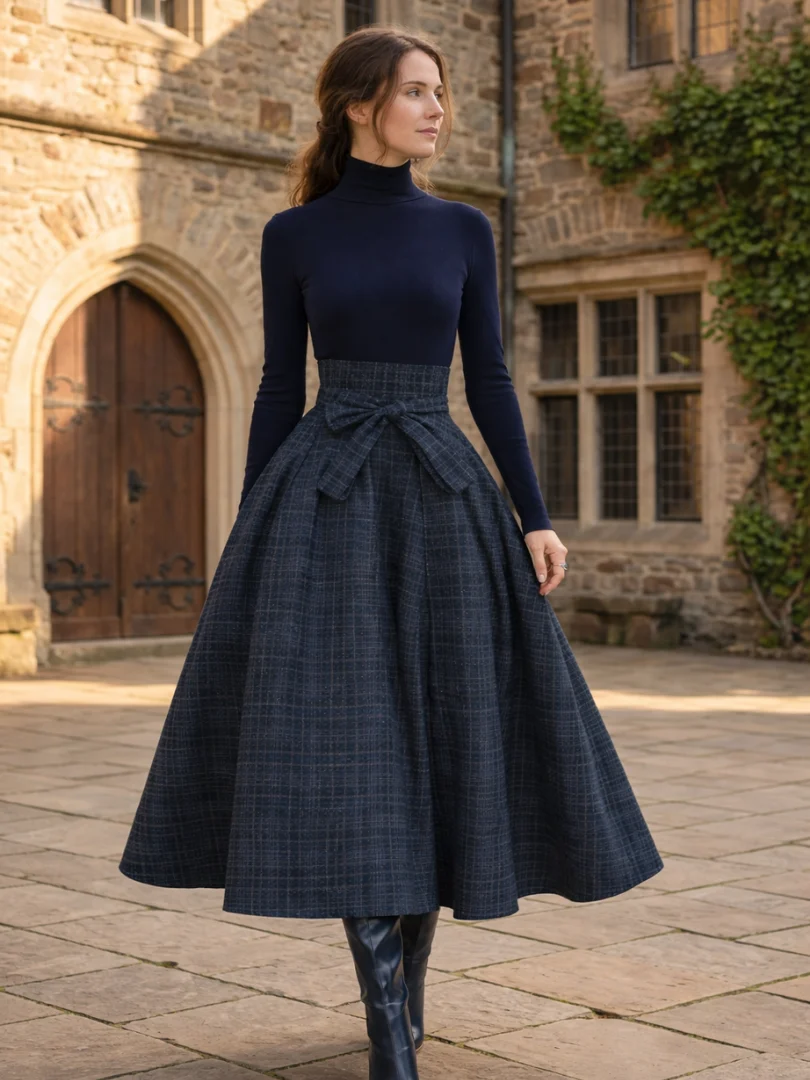 Women��s Knit Top and Plaid Maxi Skirt Set with Belted Waist