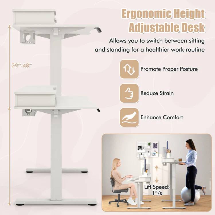 Electric Standing Desk with 2 Drawers, 3 Memory Positions, 63