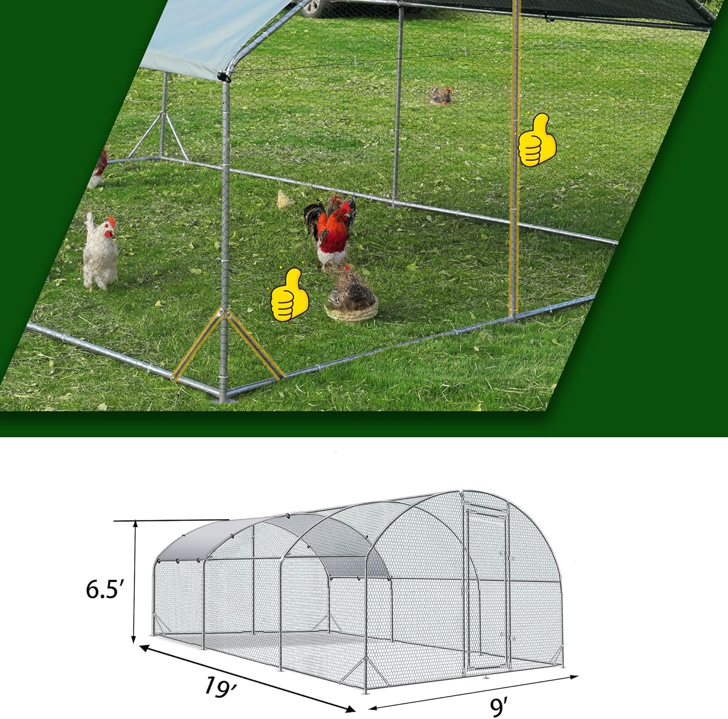Large Metal Chicken Coop Upgrade Tri-Supporting Wire Mesh Chicken Run Chicken Pen with Water-Resident and Anti-UV Cover Duck Rabbit House Outdoor(9'W x 19'L x 6.5'H)