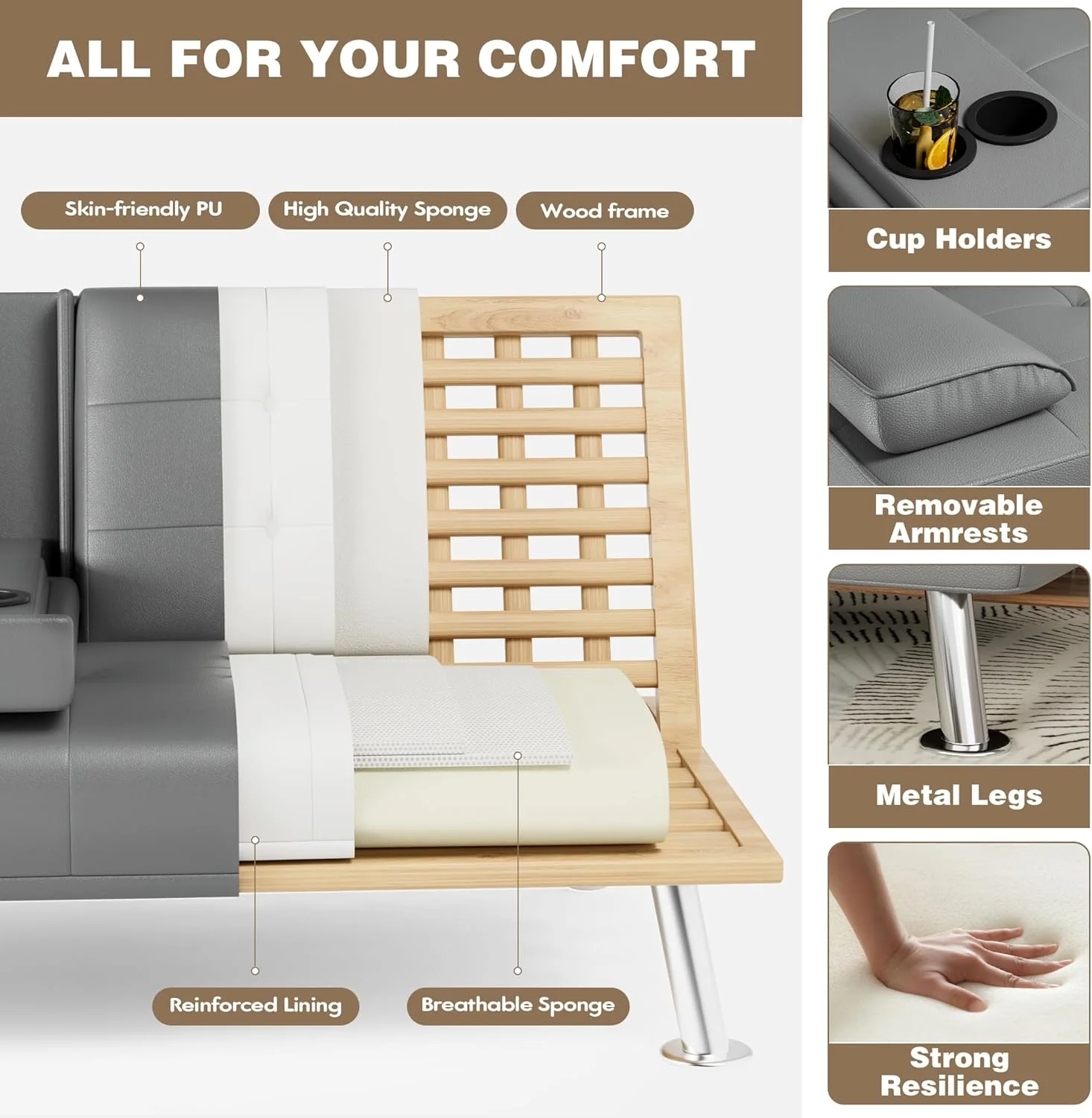 Homall Futon Sofa Bed Leather Futon Couch Removable Armrests Adjustable Recliner Sofa Bed