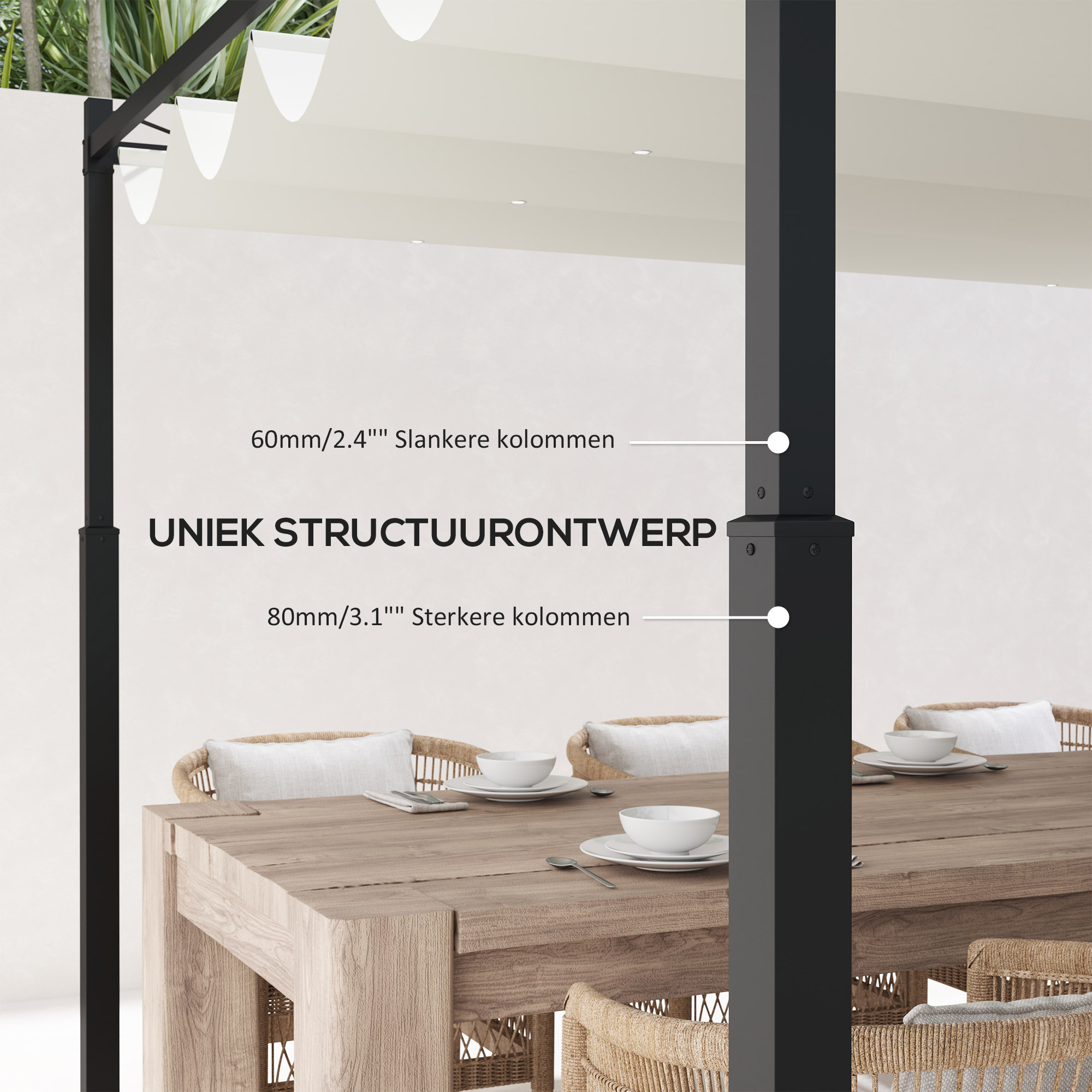 Outsunny Tuin Pergola, 3 x 3 m, Uitschuifbaar Dak en Magneetpad, Buiten Luifel, Tuinpaviljoen, UPF30+, Metaal, Crèmewit