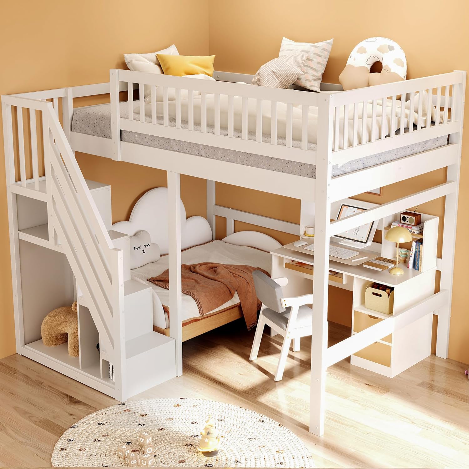 Kinderbett Etagenbett 140x200, Hochbett mit Treppe und Aufbewahrungsschrank, Multifunktionsbett Stockbett Spielbett Kinderhochbett Jugendhochbett mit Lattenrost & Rausfallschutz, Ohne Matratze, Weiß