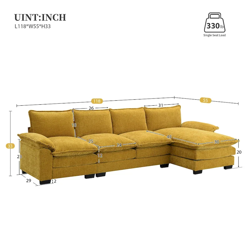 Modern 5-Seat L-Shaped Cloud Sleeper Sofa Couch with Chaise Lounge with Double Seat Cushions