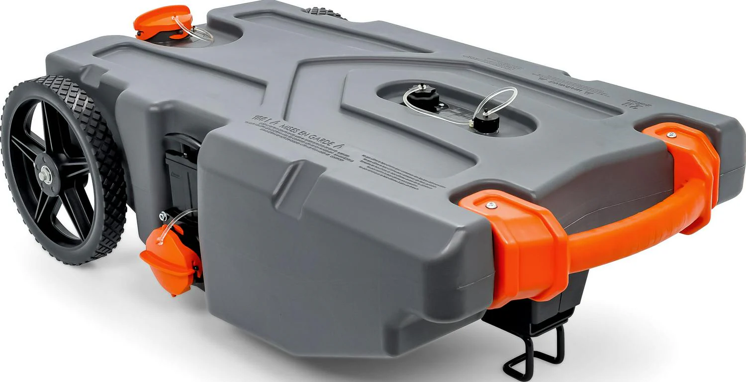 Camco Rhino Heavy Duty 28 Gallon Portable RV Waste Holding Tank with Hose and Accessories Durable Leak Free and Odorless RV Tote Tank (39004)