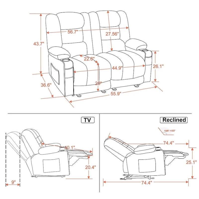 MCombo Power Reclining Loveseat Sofa with Heat and Massage, Fabric PR648