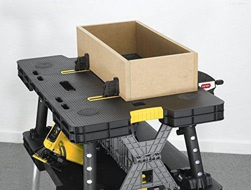 Keter �C 197283 Folding Table Work Bench for Miter Saw Stand, Woodworking Tools and Accessories with Included 12 Inch Wood Clamps �C Easy Garage Storage Black/Yellow