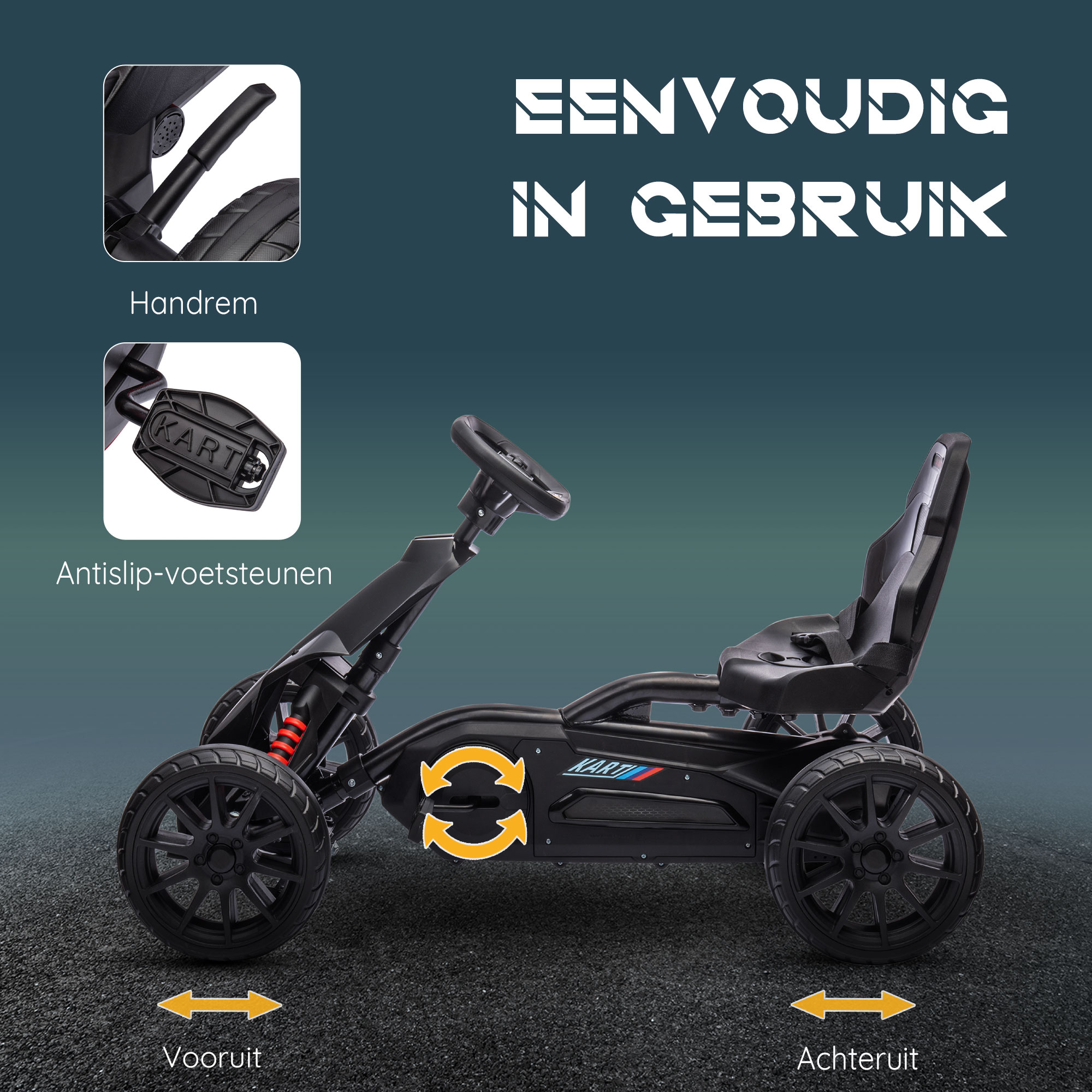 HOMCOM Go-Kart Kinderrijtuig met Verstelbare Zitting, Trapvoertuig, Trapauto met Handrem, 3-8 Jaar, Buiten, Zwart