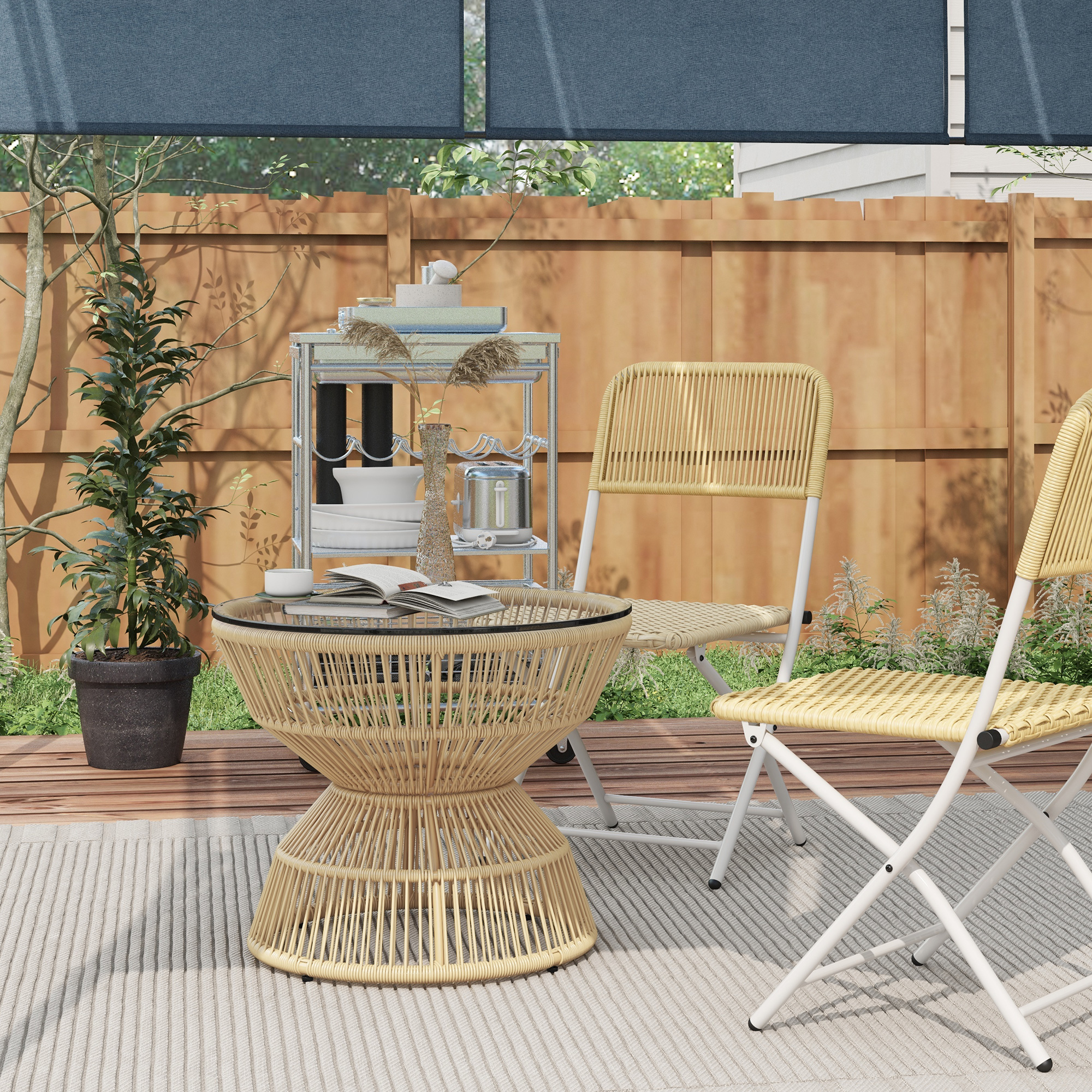 Outsunny Buitentafel Bijzettafel Tuinmeubel Rattan Bijzettafel, Glazen Blad, PE-Rattan, 60 cm x 60 cm x 50 cm, Natuurlijk