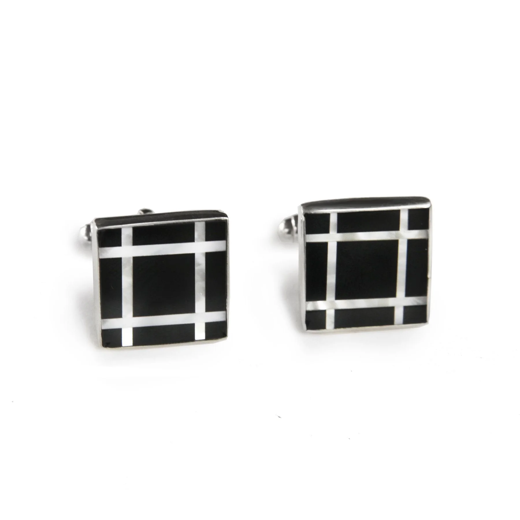 Square Black Onyx Grid Inlay Cufflinks, Sterling Silver