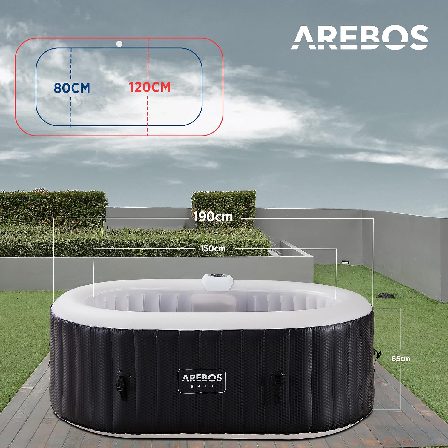 Arebos Whirlpool mit LED Beleuchtung | Aufblasbar | In- & Outdoor | 190x120 cm oval | 2 Personen | 90 Massagedüsen | mit Heizung | 550 Liter | Inkl. Abdeckung | Bubble Spa & Wellness Massage