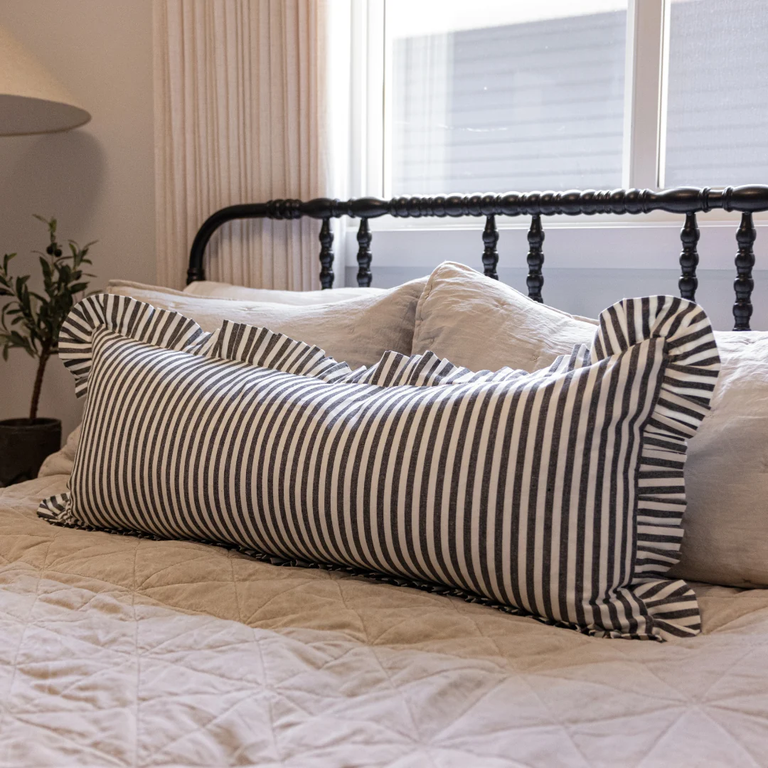 Ruffle Bolster Cover Charcoal Stripes