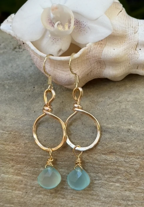 Gold Hammered Hoops w/ Chalcedony Gems