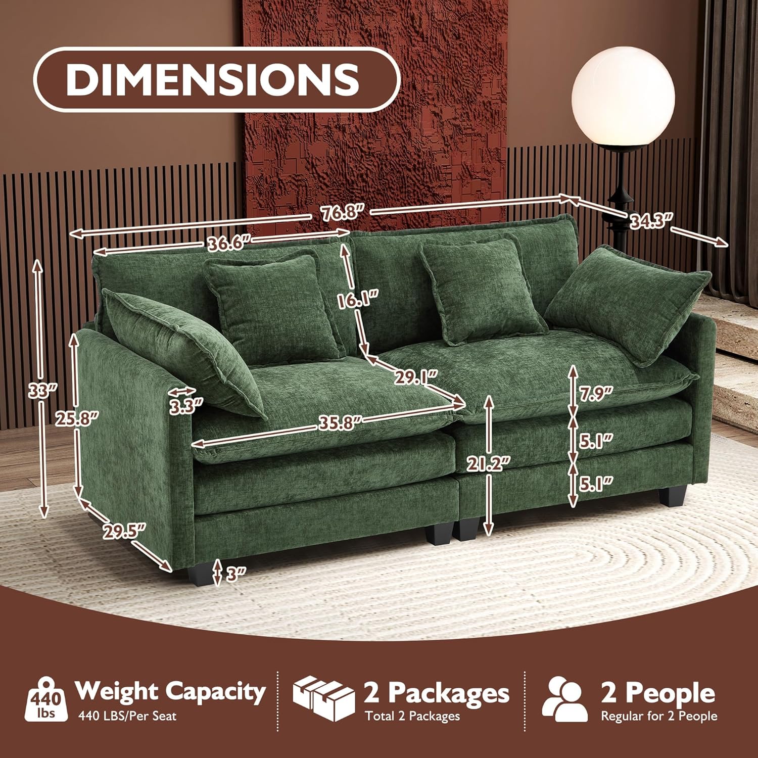 111.4 Inch L-Shaped Modern Sofa Modular Cloud Sofa Ottoman 4-Seater Chenille Deep Seat Sofa