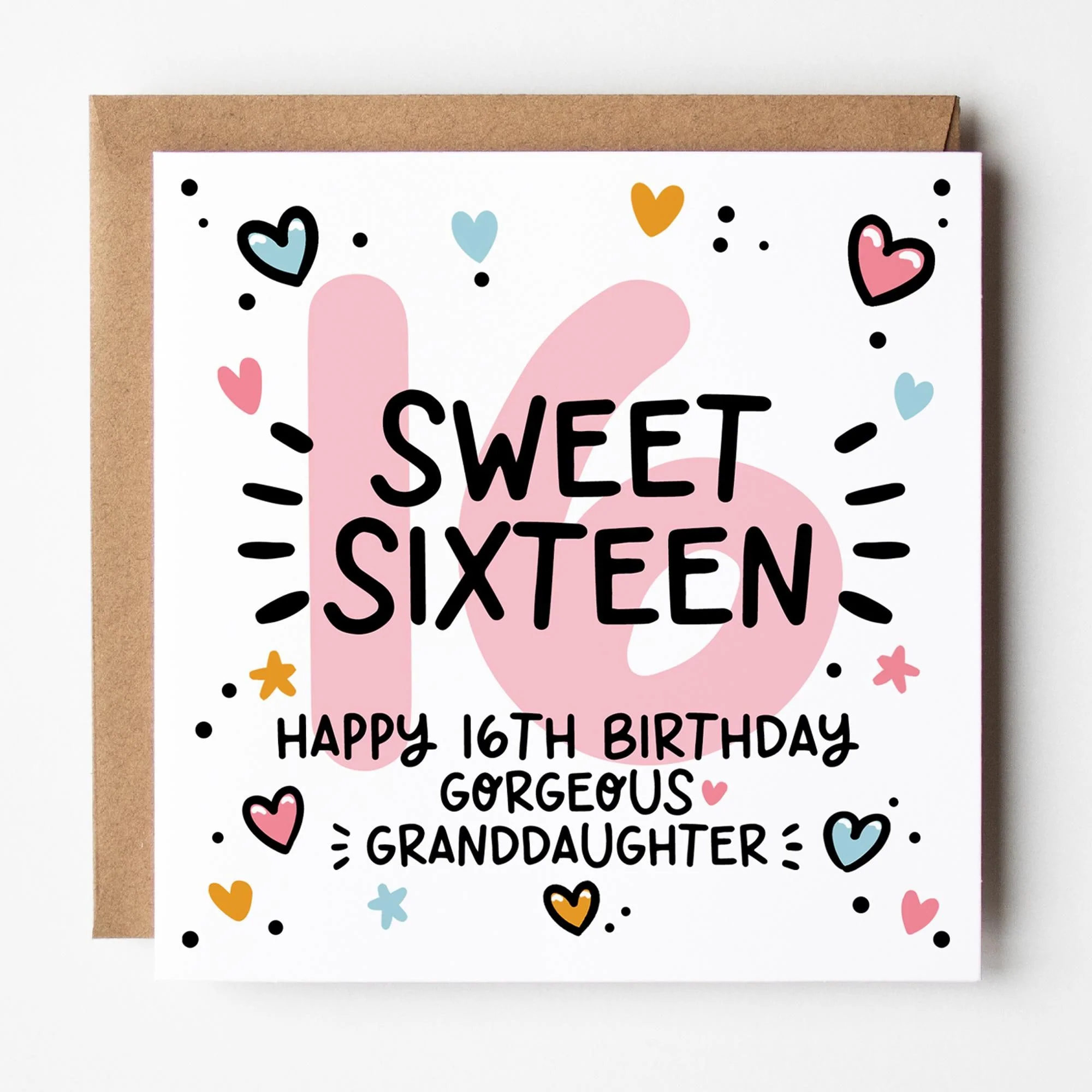 16th Birthday Card for Granddaughter: Pink 16, Sweet Sixteen with Hearts and Kraft Envelope