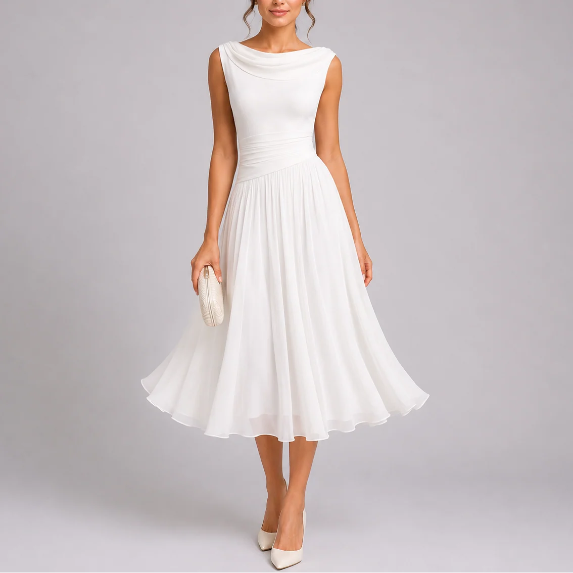 Women��s Elegant Pleated Midi Dress with Draped Neckline