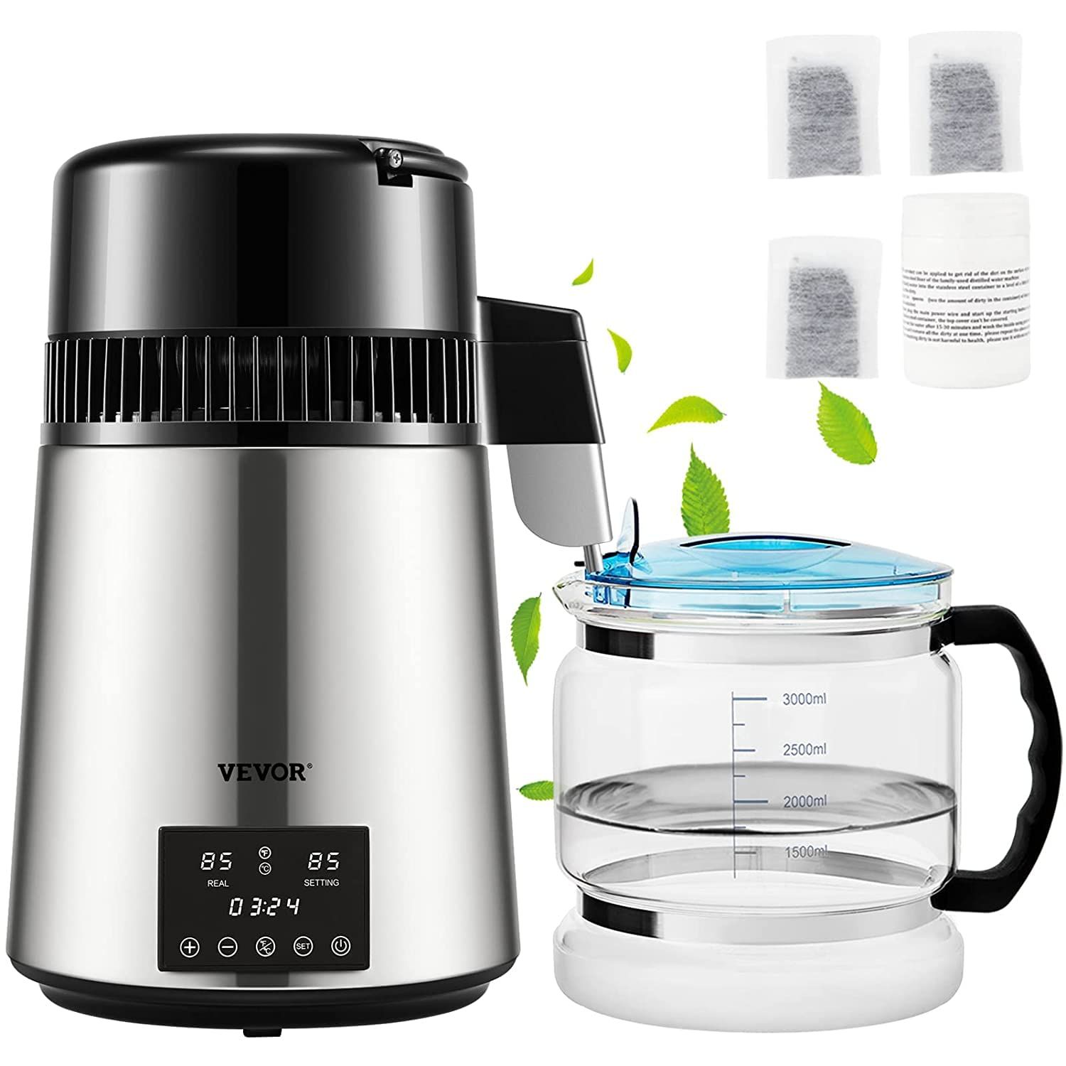 VEVOR 4L Stainless Steel Water Distiller with Timer and Dual Temperature Display
