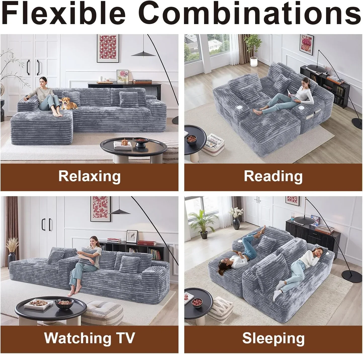 Cloud Sectional Couch with L Shape Chaise Modern Modular Sofa with Deep Seat Built in Cup Holder